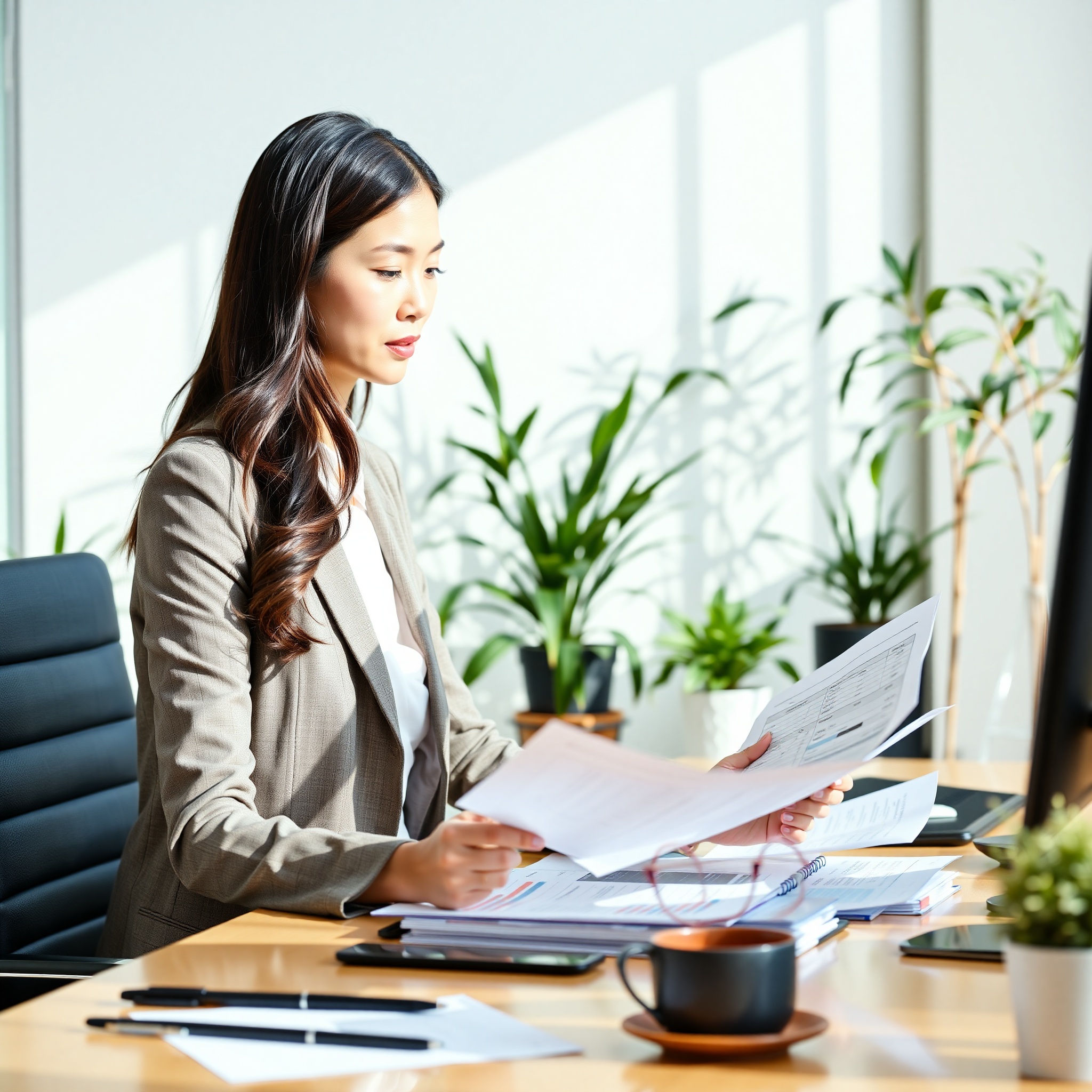 Professional woman reviewing savings account statement and planning emergency fund at modern office desk