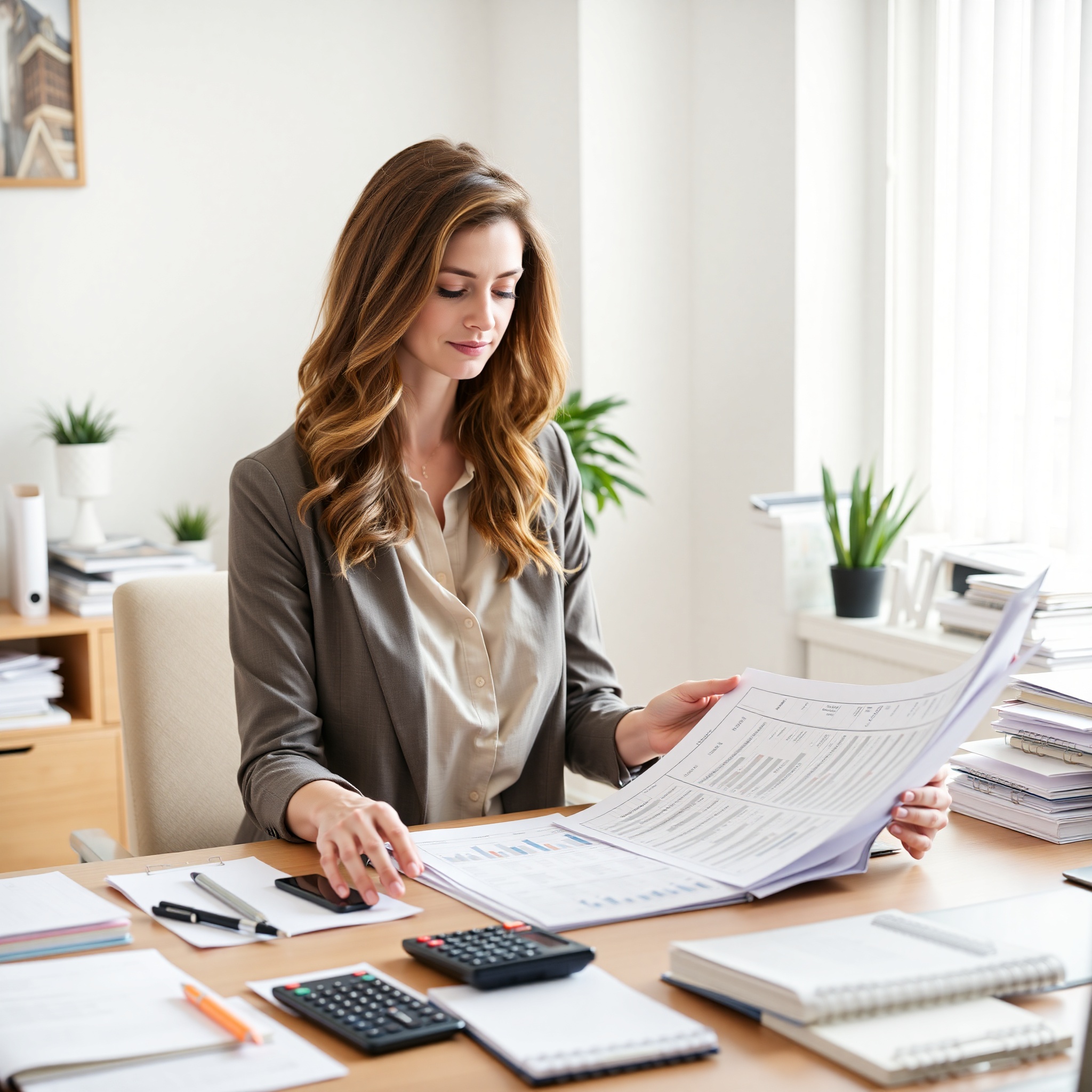 Professional woman reviewing financial documents and budget spreadsheet at organized desk