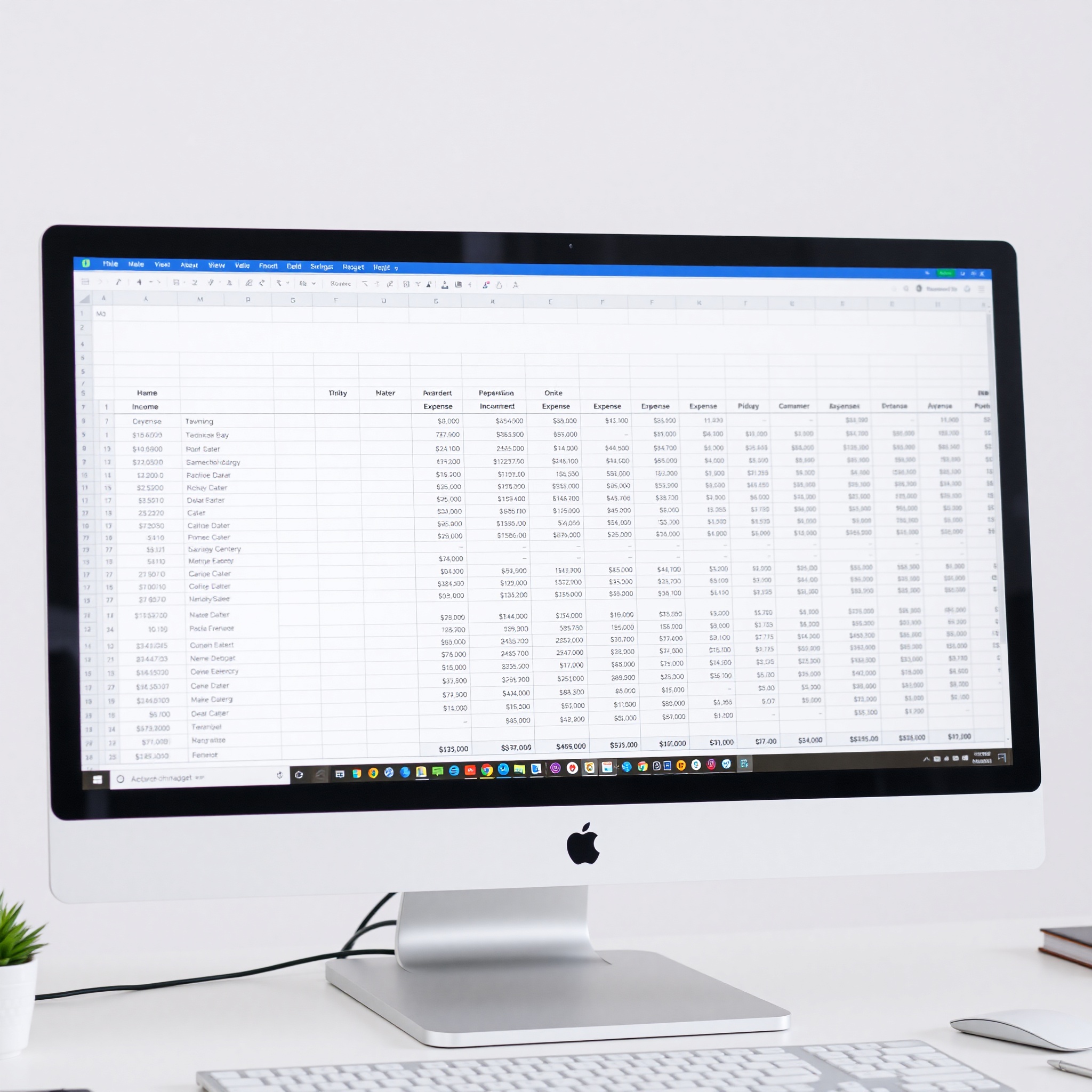 Comprehensive budget spreadsheet on computer screen showing income and expense categories