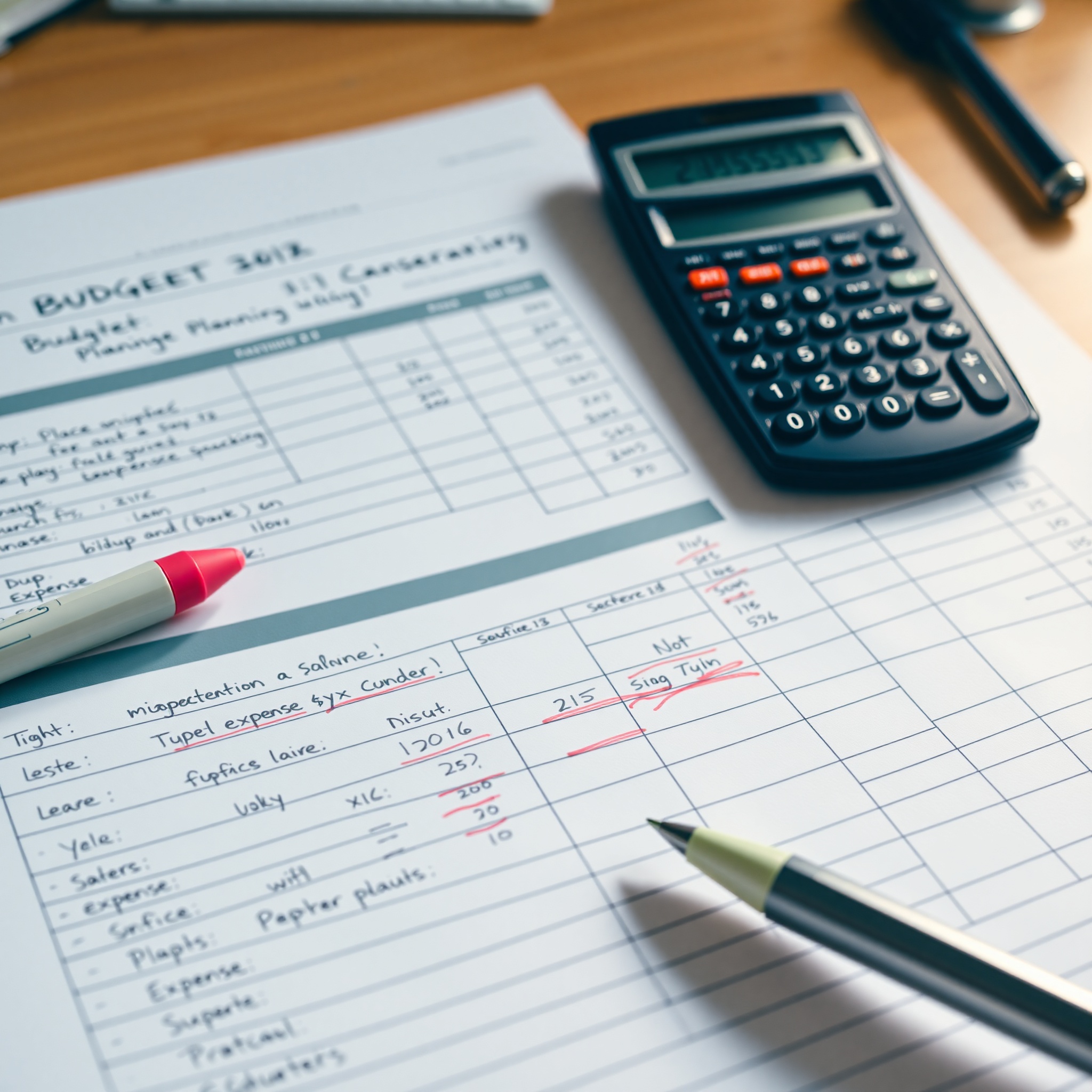 Close-up of budget planning worksheet showing expense categories, income tracking, and savings goals