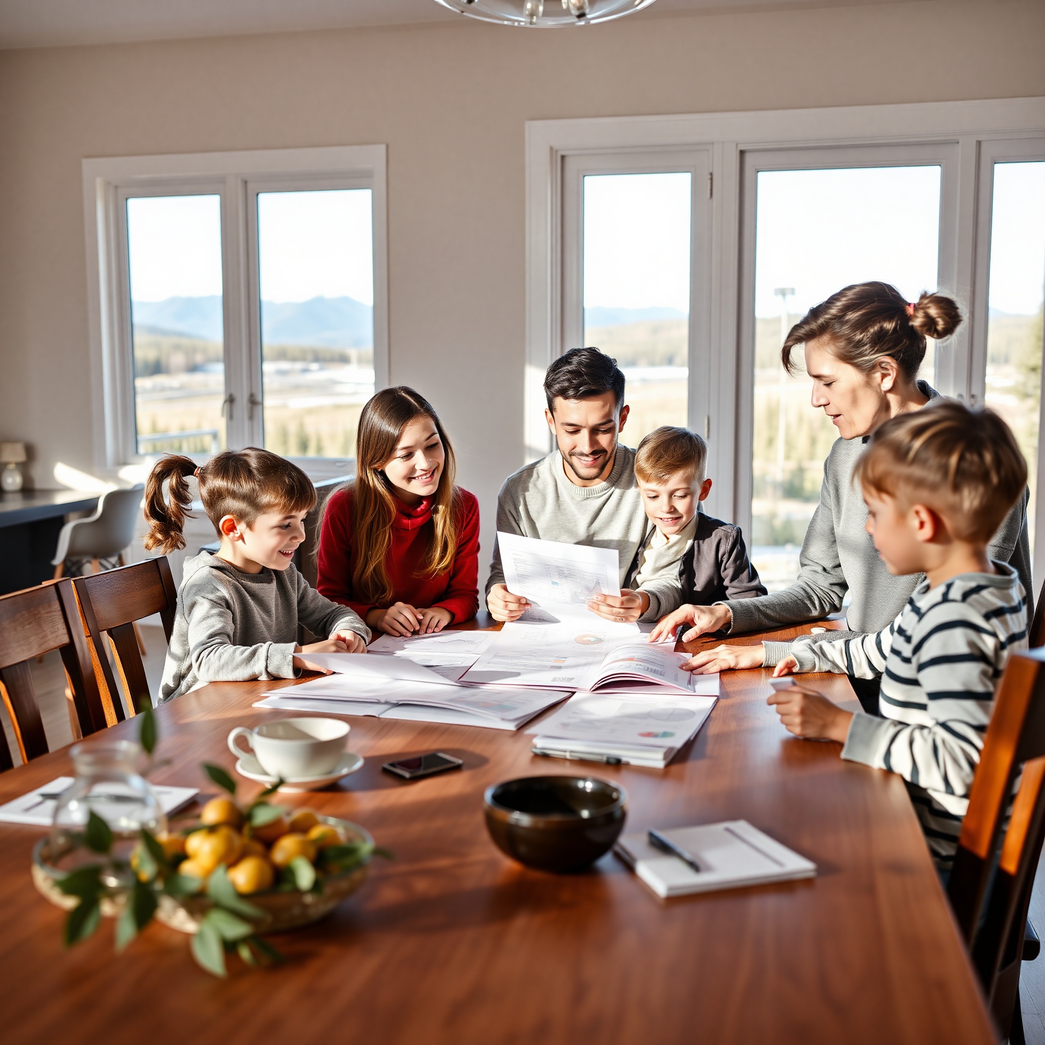 Canadian family of four planning finances together at home with laptop and documents