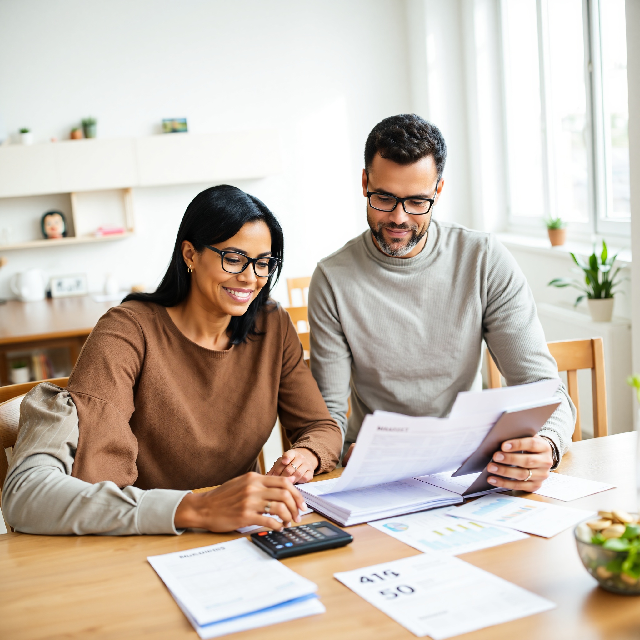 Young couple reviewing monthly household budget with calculator and financial documents