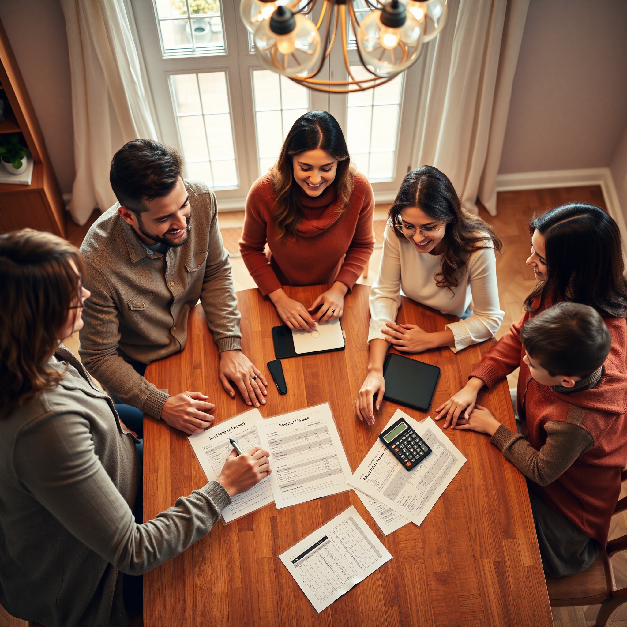 Family sitting at kitchen table reviewing household budget spreadsheet together