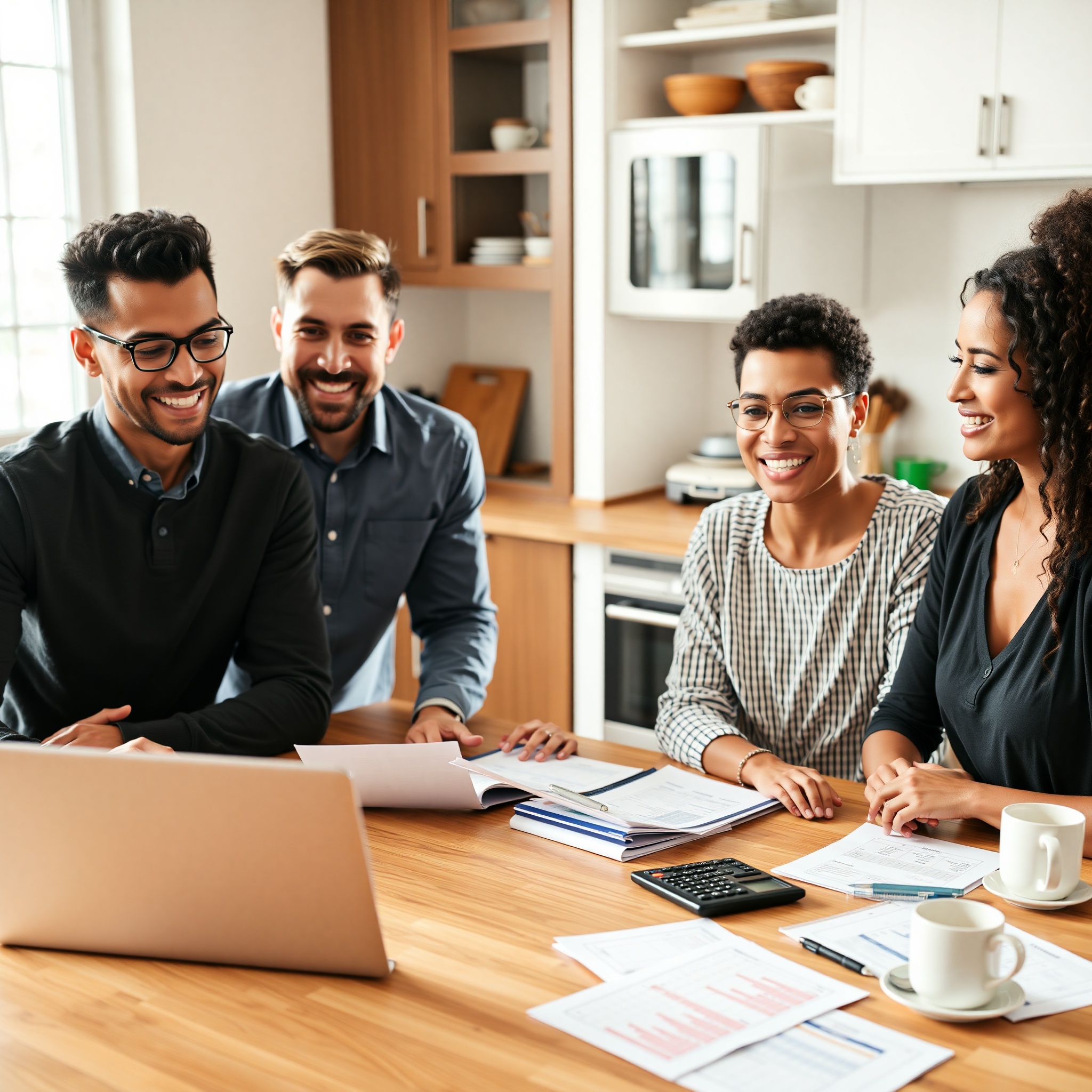 Canadian family creating household budget at kitchen table with laptop and documents