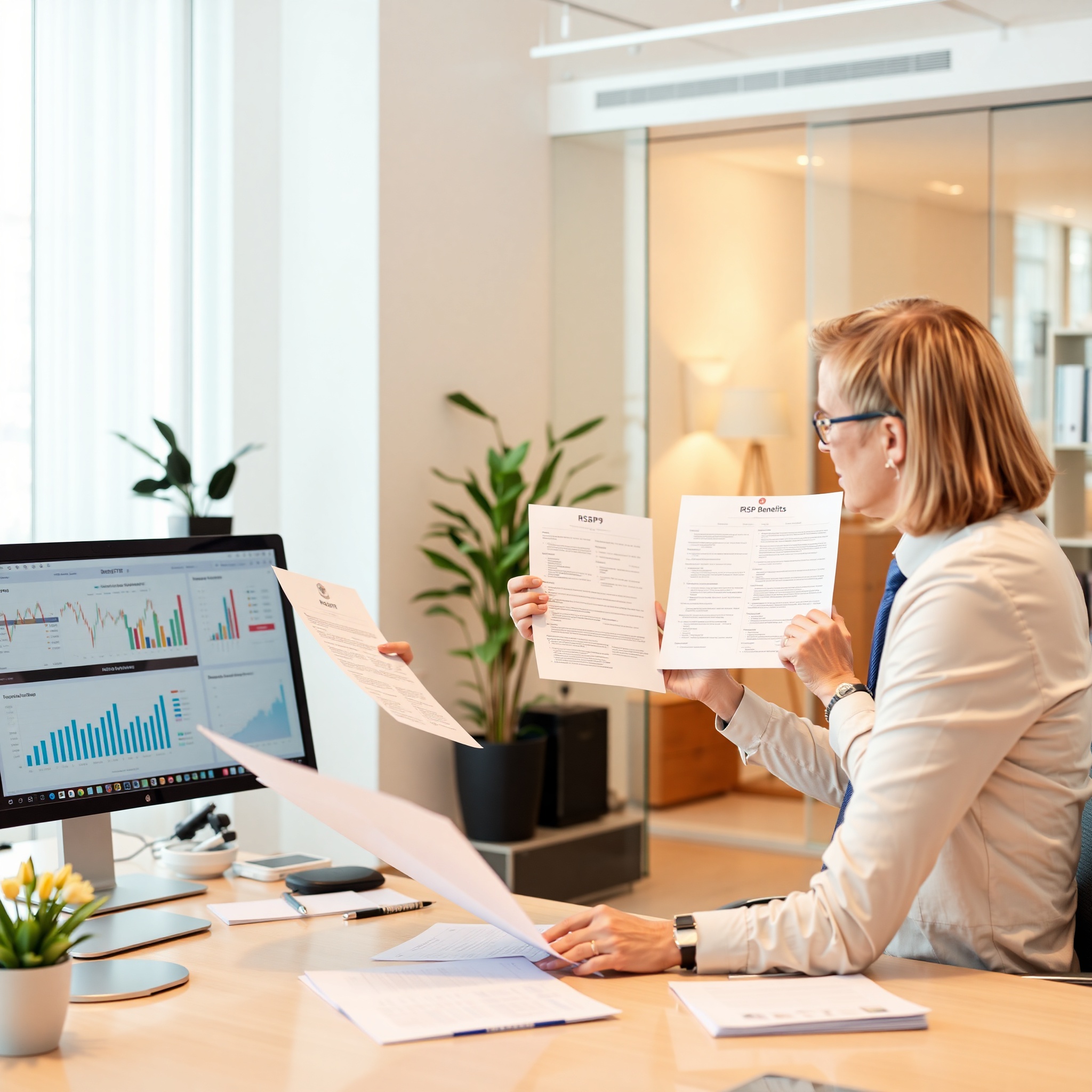 Professional showing tax deduction documents and RRSP contribution statements for retirement planning