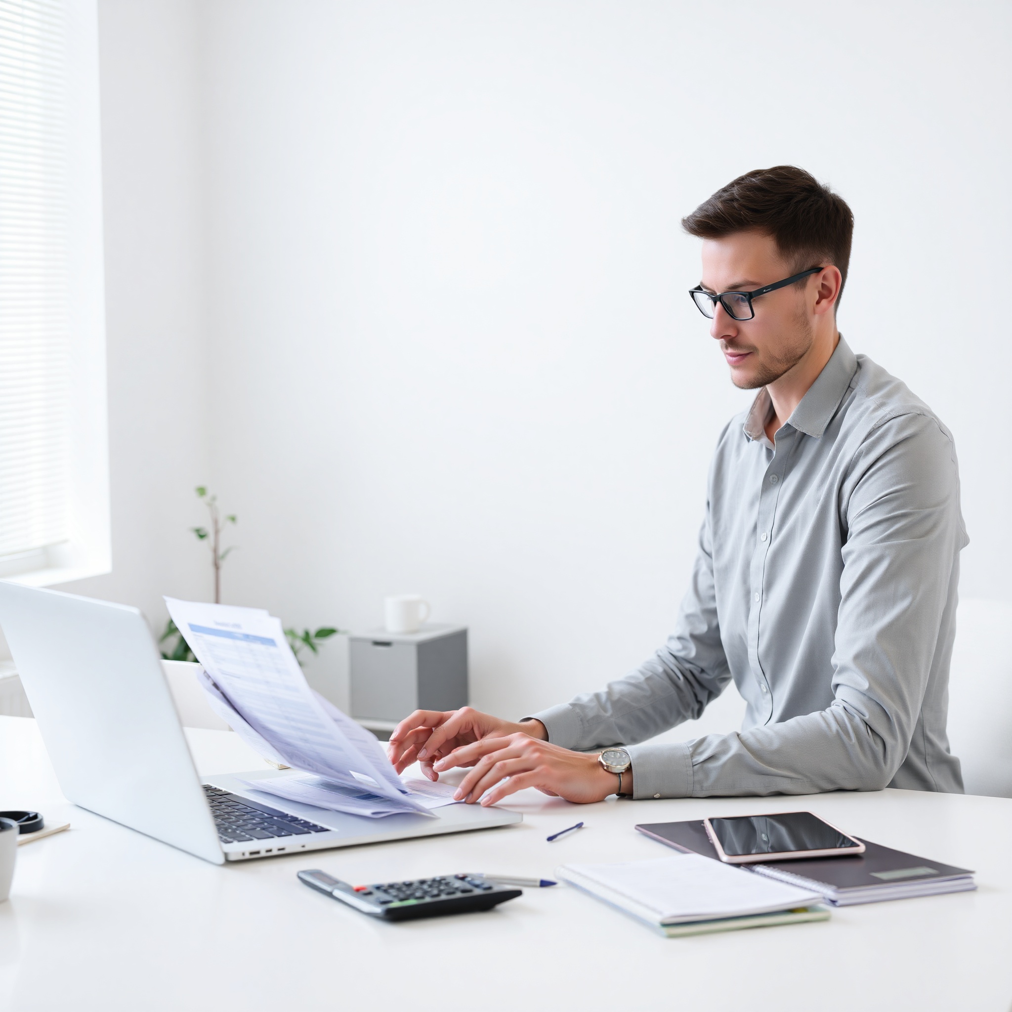 Professional financial planner reviewing budget documents at modern desk with calculator and laptop