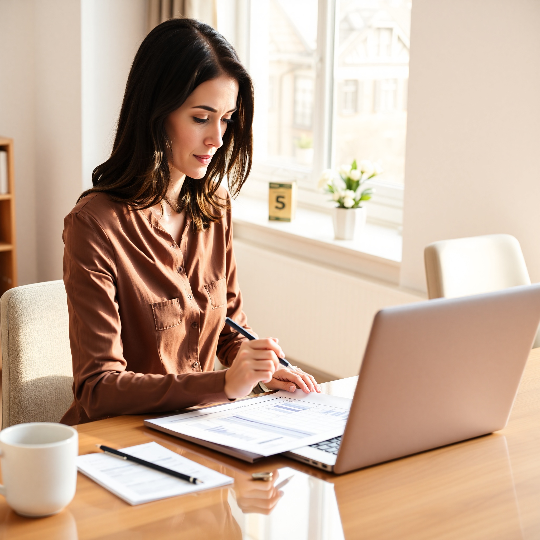 Woman reviewing financial documents and budget spreadsheet on laptop at home office desk