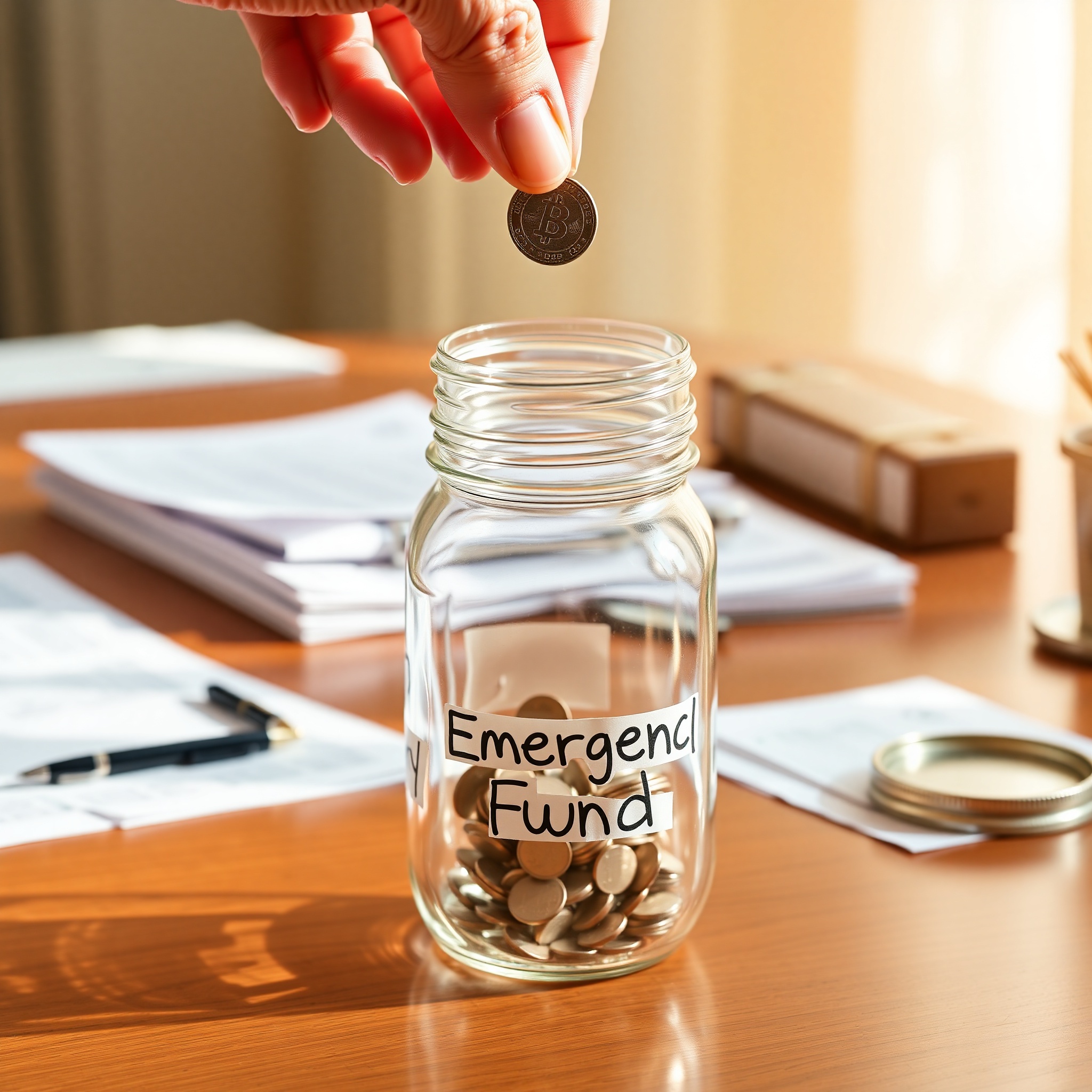 Person placing coins into glass jar labeled Emergency Fund on wooden desk