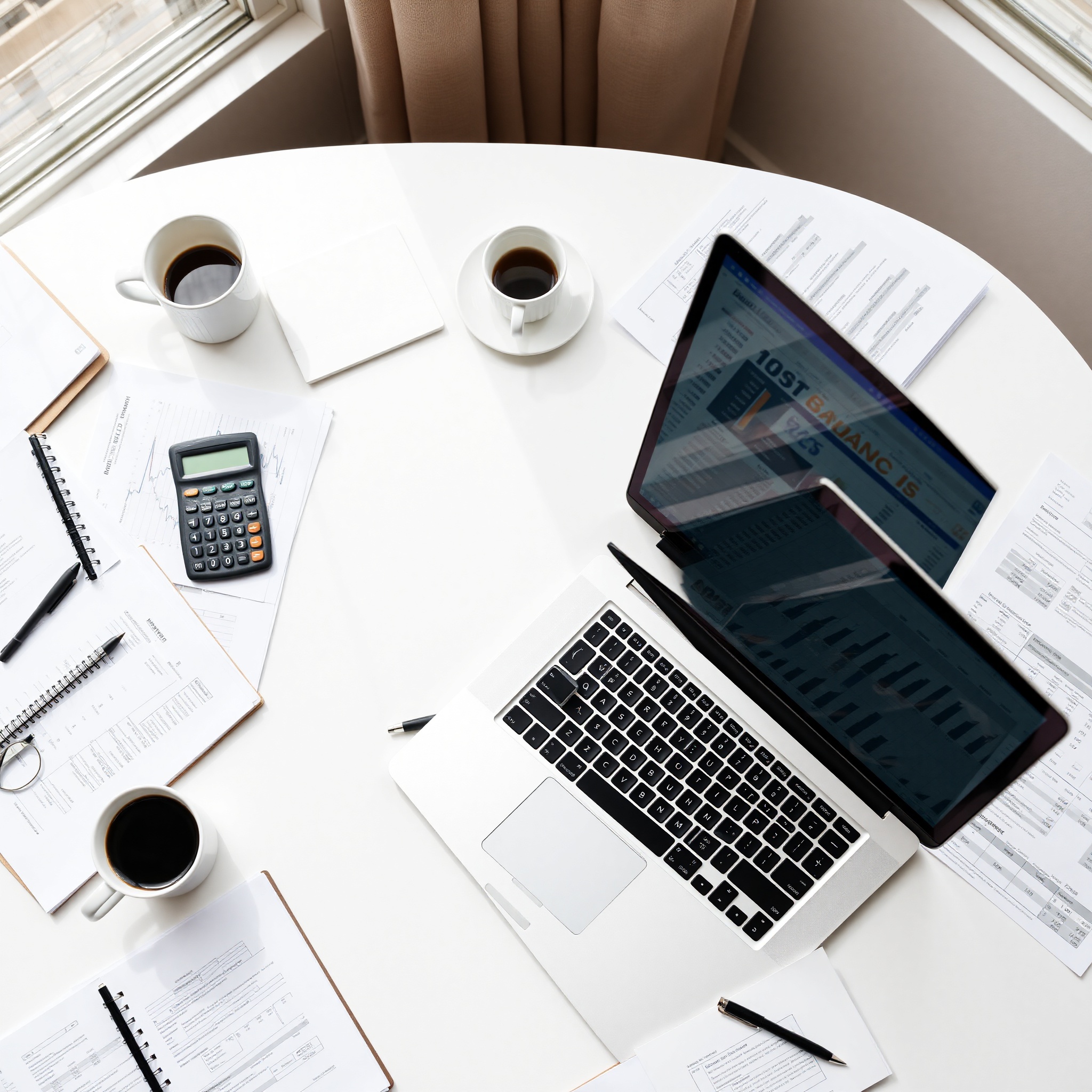 Professional financial planning workspace with laptop, notebook, and calculator on desk