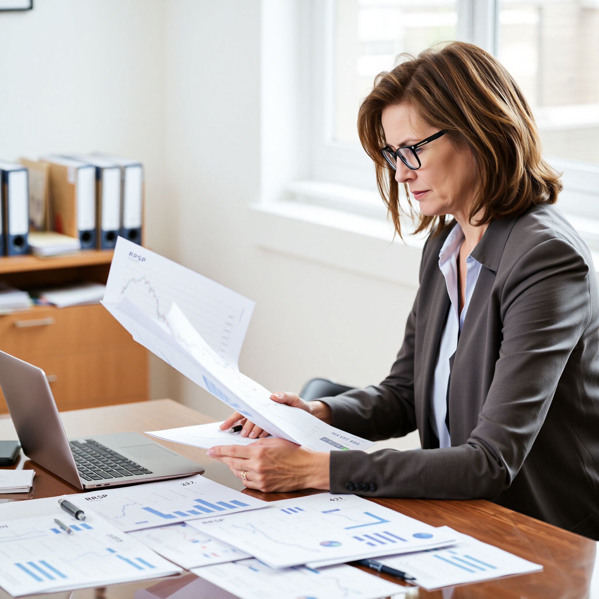 Professional accountant analyzing RRSP tax documents and retirement investment portfolio on computer