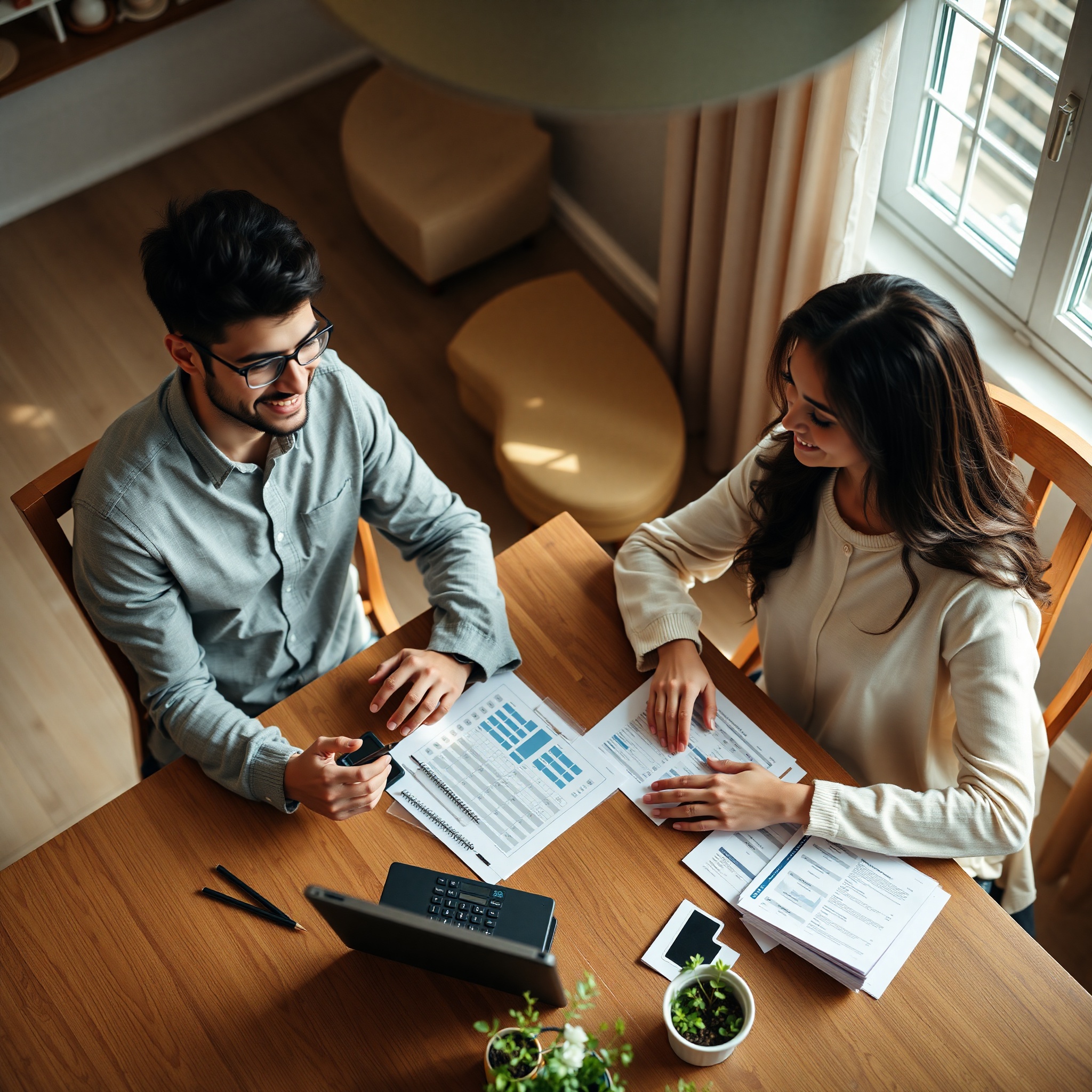 Young couple reviewing monthly household budget with calculator and financial documents